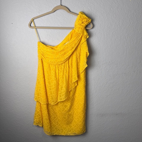 Badgley Mischka Mack + James Yellow One Shoulder Rosette Ruffle Evening Dress 10 - Picture 1 of 6